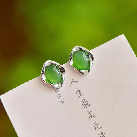 Anting-Anting Giok Jasper Hetian Jade Alami dengan Kualitas Giok Baru Gaya Perak 925 Perak Termasuk Pajak Pengiriman