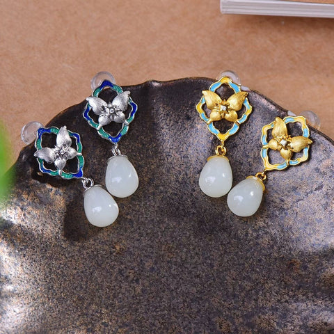 Anting Perak S925 dengan Batu Giok Hetian berbentuk tetesan air & hiasan kupu-kupu enamel 🦋, 8×9 5072-9# | 5072-8# Gratis ongkos kirim dan pajak.