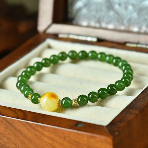 Gelang Giok Hetian Spinach & Beeswax dengan Aksen Perak S925 3386# 6mm. Gratis ongkos kirim dan pajak.