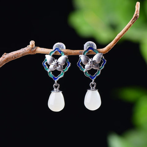 Anting Perak S925 dengan Batu Giok Hetian berbentuk tetesan air & hiasan kupu-kupu enamel 🦋, 8×9 5072-9# | 5072-8# Gratis ongkos kirim dan pajak.