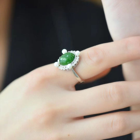 Cincin Liburan Romawi Jasper Alami Dengan Pengaturan Perak 925 Mutiara & Giok bersih dan halus serta hangat Sudah termasuk pajak pengiriman