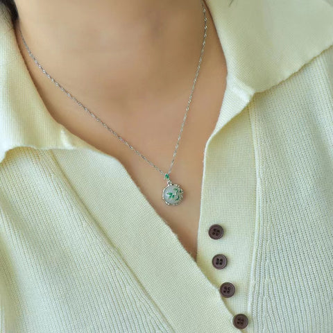 3270T Set Kalung Enamel Bambu Giok Hetian Giok Alami dari 925 Perak Ukuran 12 * 12mm Giok bersih, halus dan hangat Sudah termasuk pajak pengiriman.