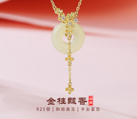 Kalung Hotan Jade Osmanthus 925 Perak Bertatahkan Rantai Rumbai Desain Cina Baru Jade bersih dan halus dan hangat Termasuk Pajak Pengiriman