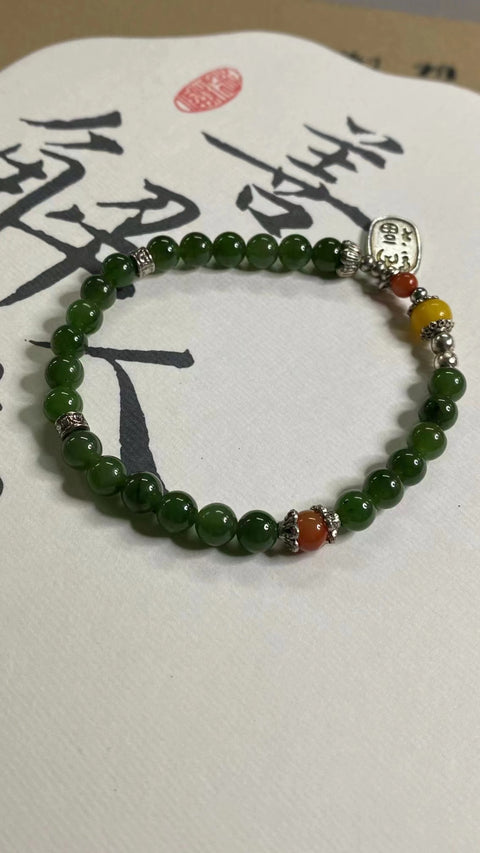 Gelang Giok Hetian Alami dari Perak Tibet Ukuran 6mm Giok bersih, halus dan hangat Termasuk pajak pengiriman.