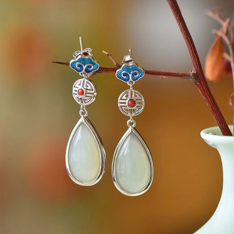 7417 Anting Enamel Giok Hetian Giok Alami 925 Tatahan Perak Ukuran 10 * 18mm Giok bersih, halus dan hangat, gaya yang indah.