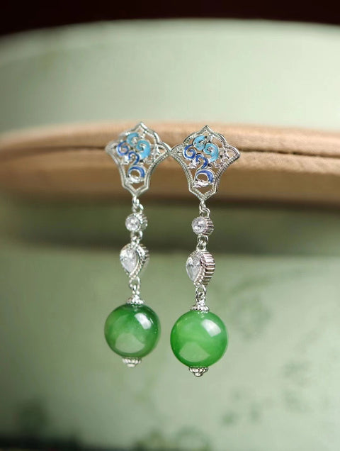 Anting-anting enamel manik-manik bundar giok alami yang terbuat dari giok perak 925 yang bersih, halus, dan hangat Termasuk ongkos kirim dan pajak