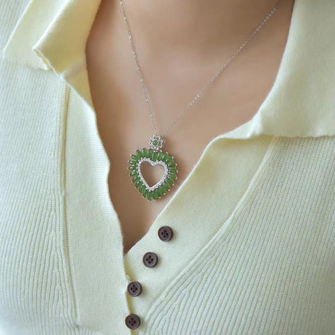 10821 Set Kalung Jantung Jasper Alami dari 925 Perak Gaya yang indah, giok yang bersih dan halus