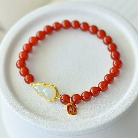 8856-6# Perak bertatahkan manik-manik akik merah 6mm dan dipadukan dengan gelang giok putih Hetian "Kebahagiaan Ganda". Gratis ongkos kirim dan pajak.