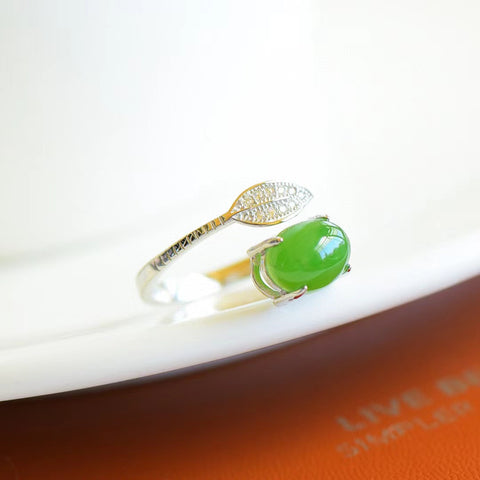 s925 sterling silver bertatahkan batu giok Hetian jade 🍀 cincin, pengaturan permukaan yang sangat halus