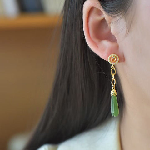 12414-2 Anting-Anting Lingkaran Jasper Alami 925 perak Ukuran 6 * 20mm Giok halus dan hangat, gaya yang indah Pengiriman dan pajak sudah termasuk.