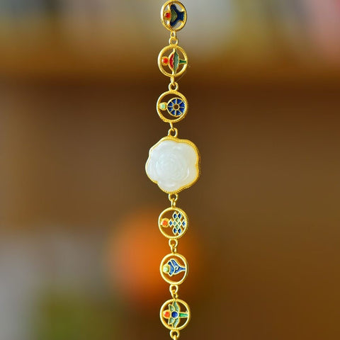 8245-2# Gelang perak 925 bertatahkan enamel, giok Hetian, mawar, dan delapan harta karun, gioknya hangat dan lembut, dan desainnya sederhana dan elegan. Gratis ongkos pengiriman dan bea cukai.
