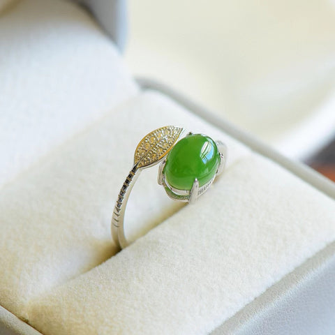 s925 sterling silver bertatahkan batu giok Hetian jade 🍀 cincin, pengaturan permukaan yang sangat halus