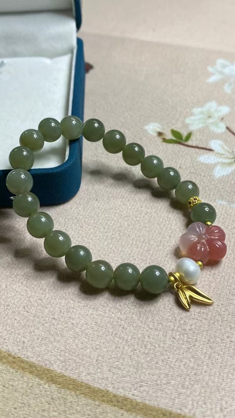 Gelang Jasper Alami dengan Mutiara dan Giok Merah Ukuran 8mm yang halus dan hangat, gaya yang indah, sudah termasuk pajak pengiriman.