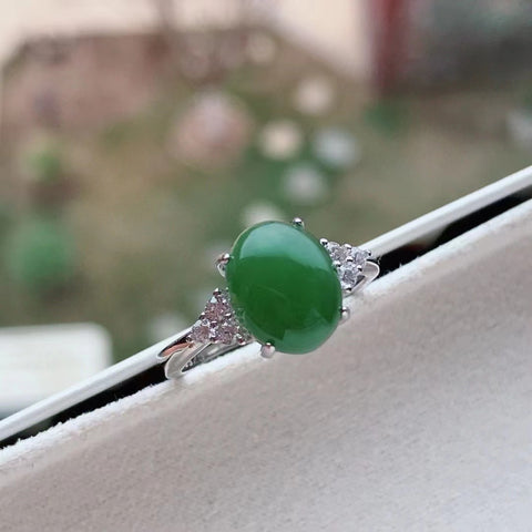 Cincin giok alami yang terbuat dari perak 925 Ukuran 8 * 10mm Giok bersih dan halus Termasuk ongkos kirim dan pajak