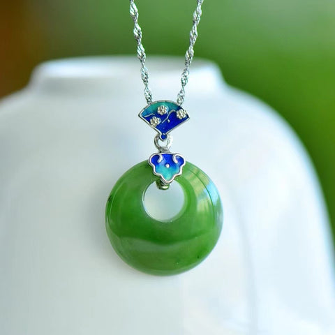 16048 Kalung Perdamaian Awan Jasper Alami 925 Tatahan Perak Ukuran 20 * 20mm Giok bersih, halus dan hangat, gayanya sederhana dan elegan.