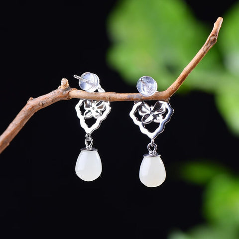Anting Perak S925 dengan Batu Giok Hetian berbentuk tetesan air & hiasan kupu-kupu enamel 🦋, 8×9 5072-9# | 5072-8# Gratis ongkos kirim dan pajak.