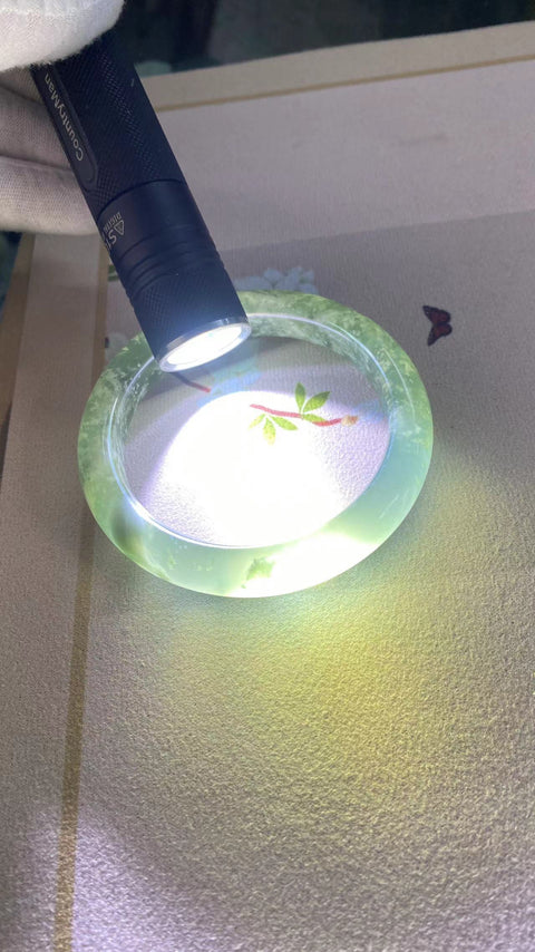 Gelang Gelang Cui Giok Hijau Titi Milkcap Ukuran 63-65mm Ukuran 64.8mm Lebar Samping 12.8mm Giok ini semuanya terjadi secara alami Pola acak Termasuk ongkos kirim dan pajak