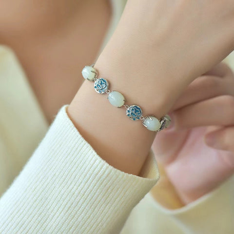 6049 Gelang Enamel Bunga Teratai Giok Hetian Giok Alami & Gelang 925 Gaya Hias Perak Sudah termasuk pajak pengiriman.