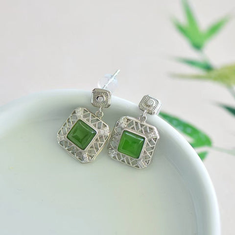 12355 Anting-anting Persegi Jasper Alami 925 Perak Setting Giok halus dan hangat, gaya yang indah, sudah termasuk pajak pengiriman.