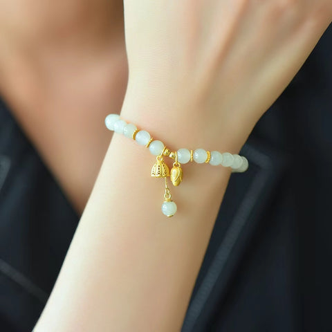 925 Perak dengan bahan Hetian Jade Clear Shui Gelang Rumbai Teratai Keberuntungan, Giok hangat dan halus, gaya chic dan baru Ukuran 6mm Pengiriman dan Pajak Sudah Termasuk