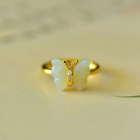 1584-2 Cincin Kupu-Kupu Dua Sisi Giok Hetian Alami Ukuran 10 * 12mm Terbuat dari 925 Perak Batu gioknya halus dan hangat, gayanya indah ....