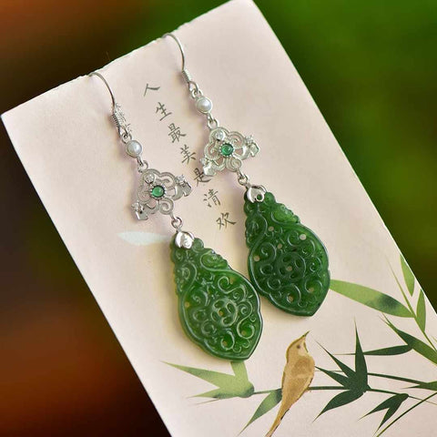 🍃🍃12337# Anting giok jasper Hetian dengan tatahan perak 925 ukiran, plakat bunga berbentuk khusus, ukuran 17 x 29mm, sudah termasuk ongkos kirim dan pajak