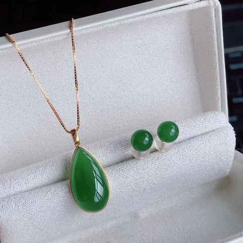 Anting Set Jasper Alami + Kalung Gaya Sederhana dan elegan dengan pengaturan emas 18 karat Giok yang bersih dan halus Kalung 10 * 18mm Anting-anting 6mm Rantai 925 berwarna perak Sudah termasuk ongkos kirim dan pajak