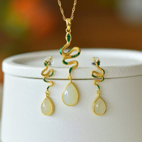 Kalung Set Kalung Ular Giok Hetian Giok Alami 0205-2 + Anting 7880-2 & nbsp; & nbsp; Giok halus dan hangat bertatahkan perak 925 Sudah termasuk pajak pengiriman