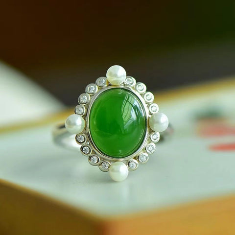 Cincin Liburan Romawi Jasper Alami Dengan Pengaturan Perak 925 Mutiara & Giok bersih dan halus serta hangat Sudah termasuk pajak pengiriman
