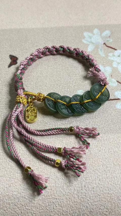 Gelang Gelang Lima Koin Kaisar Giok Cui Giok Alami Giok halus dan hangat, gaya yang indah Ukuran 13.9mm Termasuk pajak pengiriman