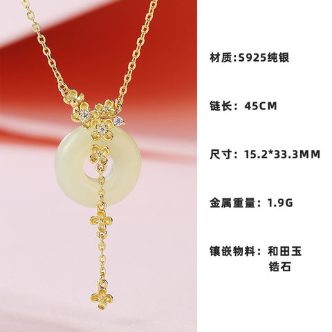 Kalung Hotan Jade Osmanthus 925 Perak Bertatahkan Rantai Rumbai Desain Cina Baru Jade bersih dan halus dan hangat Termasuk Pajak Pengiriman