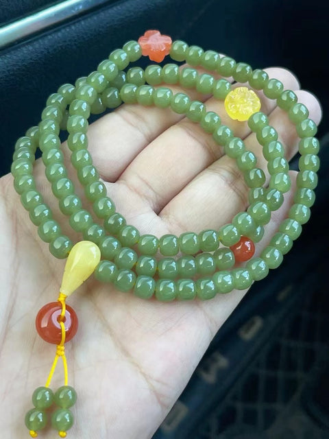 Kalung Giok Hetian Alami & Gelang & Kalung Ukuran 6 * 7mm 108 Potongan dengan Nan Hong + Giok Lilin Lebah bersih, halus dan hangat.