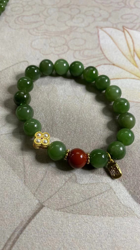 Gelang Gelang Giok Giok Hetian Alami Warna Gelang Giok Hijau Pencocokan Aksesoris Halus Ukuran 9,5 mm sudah termasuk pajak pengiriman.