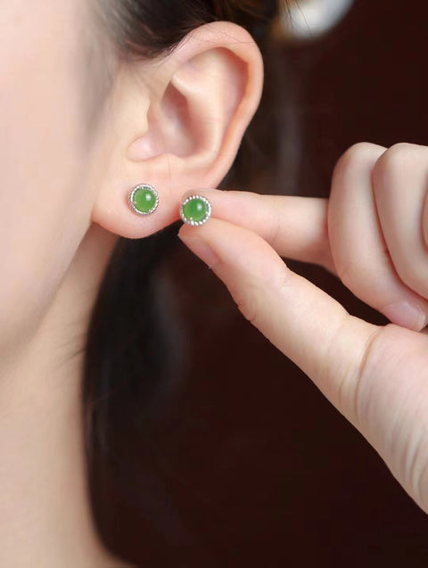 Anting Telur Kecil Jasper Alami & 925 Giok Tatahan Perak bersih, halus dan hangat Termasuk ongkos kirim dan pajak