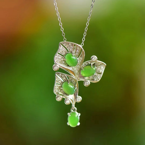 10816 Set Kalung Daun Jasper Alami dari 925 Perak Gaya yang indah, giok yang bersih dan halus Sudah termasuk pajak pengiriman