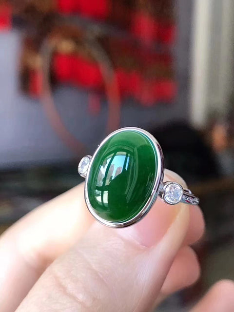 Cincin Telur Jasper Alami 925 Pengaturan Perak Ukuran 14 * 10mm Giok bersih, halus dan hangat Termasuk pajak pengiriman.