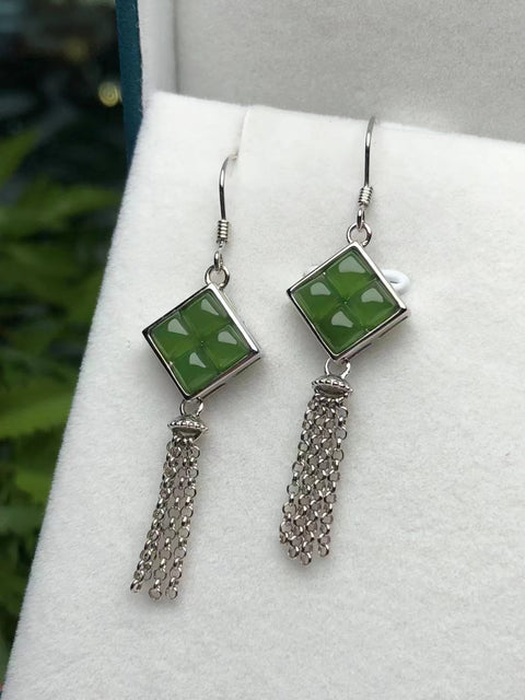 Anting Simpul Cina Jasper Giok Hetian Giok Alami dari Perak 925 Ukuran 13 * 4mm Giok bersih dan halus Gaya Sudah termasuk pajak pengiriman.