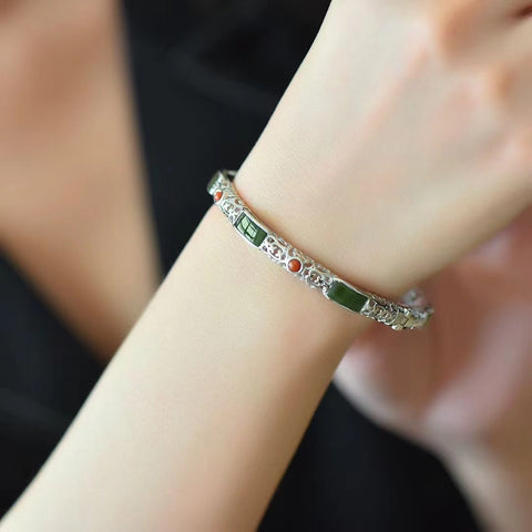18608 Gelang Filigree Jasper Alami 925 Perak Tatahan Giok Giok bersih, halus dan hangat, gaya yang indah.