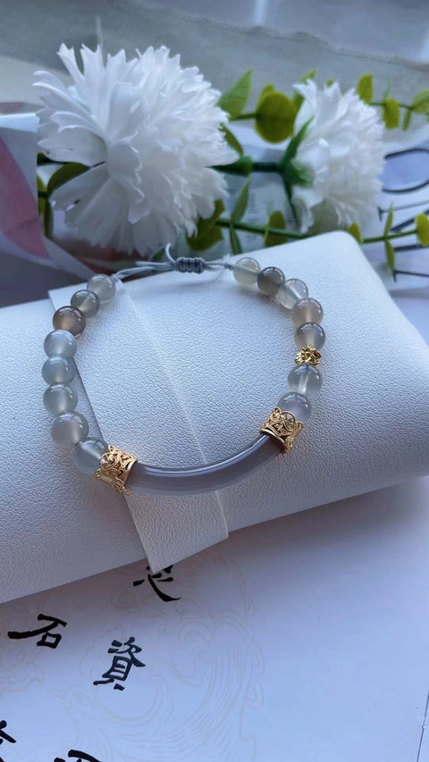Gelang Gelang Batu Akik Abu-Abu Abu-Abu Setengah Gelang Setengah Rantai Bahan Halus dan Hangat Ukuran 7mm Sudah Termasuk Pajak Pengiriman