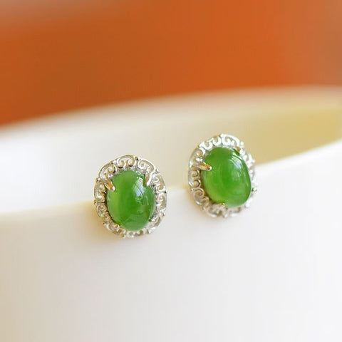 12058 Anting Jasper Alami Set dalam 925 Perak Ukuran 6 * 8mm Giok halus dan hangat, penuh kelembapan, penuh gaya dan elegan.