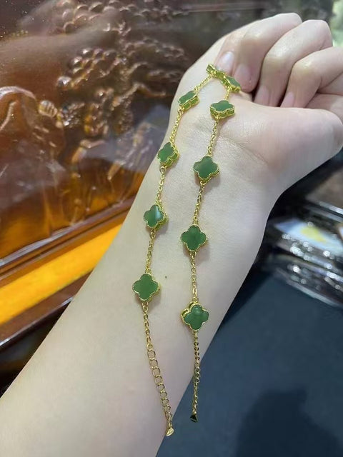 Gelang Semanggi Jasper Alami 925 Sterling Silver Berlapis Emas 24k Ukuran Dapat Disesuaikan Gaya yang indah & giok baik-baik saja dan hangat Sudah termasuk pajak pengiriman.