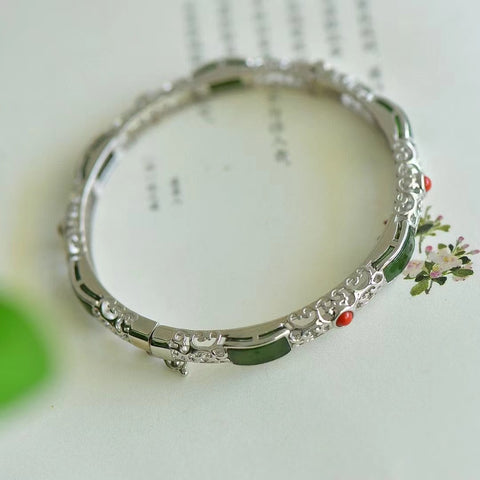 18608 Gelang Filigree Jasper Alami 925 Perak Tatahan Giok Giok bersih, halus dan hangat, gaya yang indah.