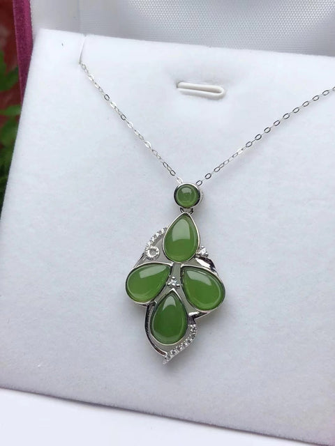 Kalung Daun Giok Hotan Giok Jasper Alami Manik-manik Giok Bulat 925 Tatahan Perak Ukuran 9 * 6mm Gratis Rantai Perak 925 Termasuk pajak pengiriman.