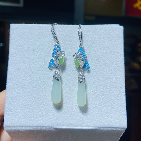 2711 # 925 Perak dengan Anting Enamel Kupu-Kupu Giok Hetian Jade Long Drop, Giok yang hangat dan halus, gaya baru dan apik Termasuk Pajak Pengiriman