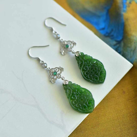 🍃🍃12337# Anting giok jasper Hetian dengan tatahan perak 925 ukiran, plakat bunga berbentuk khusus, ukuran 17 x 29mm, sudah termasuk ongkos kirim dan pajak