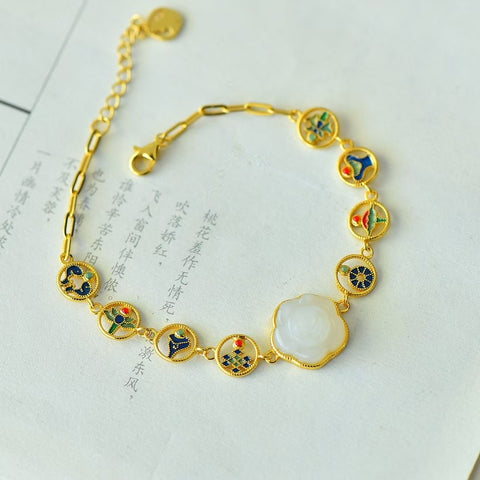 8245-2# Gelang perak 925 bertatahkan enamel, giok Hetian, mawar, dan delapan harta karun, gioknya hangat dan lembut, dan desainnya sederhana dan elegan. Gratis ongkos pengiriman dan bea cukai.
