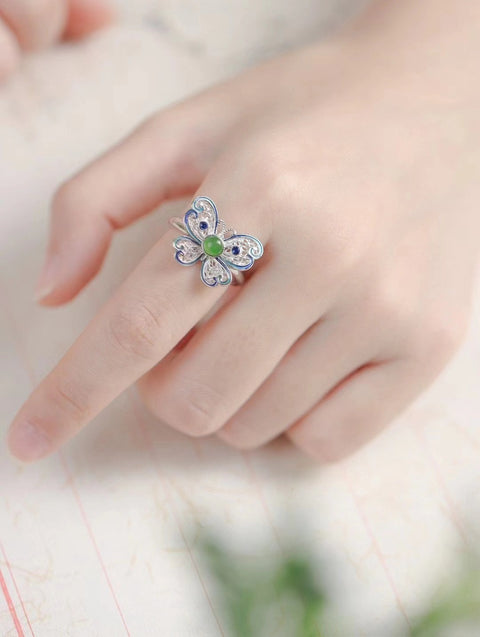 Set Cincin Kupu-kupu Jasper Alami dari perak 925. Gaya yang indah, giok yang bersih, halus dan hangat.