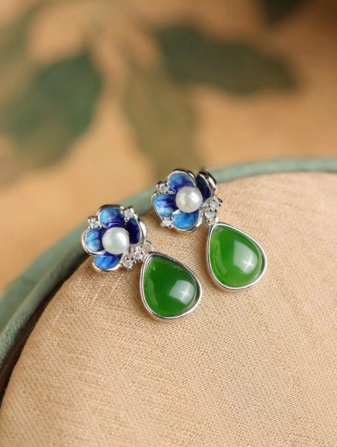 Anting-anting Enamel Jasper Alami & 925 Gaya Pengaturan Perak Giok yang bersih, halus, dan hangat Sudah termasuk pajak pengiriman.