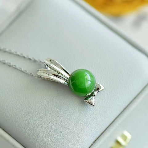 10643 Kalung Kelinci Jasper Alami dari 925 Perak Ukuran 10mm Giok bersih, halus dan hangat Sudah termasuk pajak pengiriman.