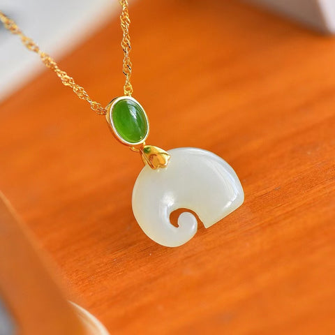 4057-1 Set Kalung Gajah Giok Hetian Alami dari 925 Perak Ukuran 15 * 18mm Giok halus dan hangat Termasuk ongkos kirim dan pajak.